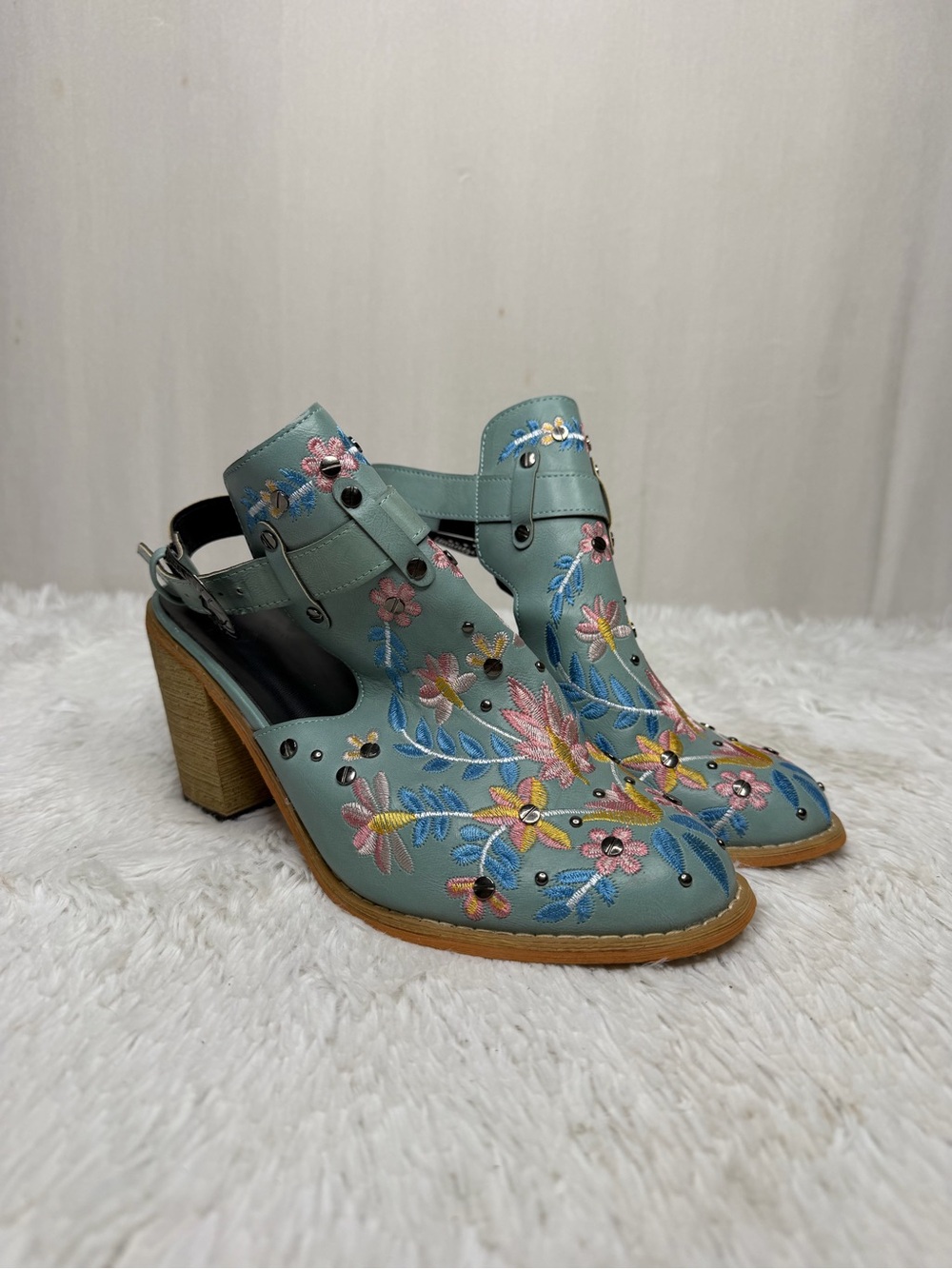 Teal blue pink yellow floral embroidered boho heeled open back booties / 8